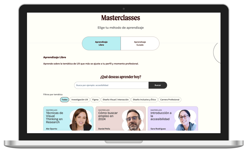 Página de las masterclases de tribux donde se ve el buscador, filtro y carátulas.