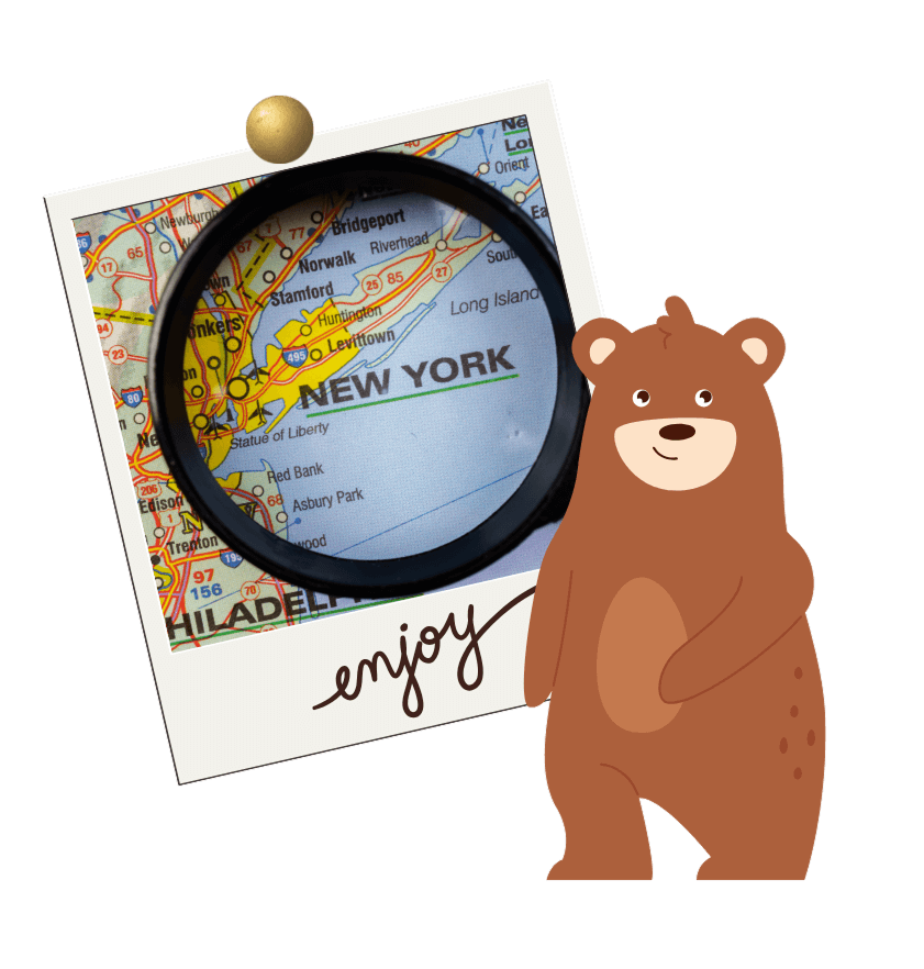 Ilustración de osito con foto de mapa de nueva york